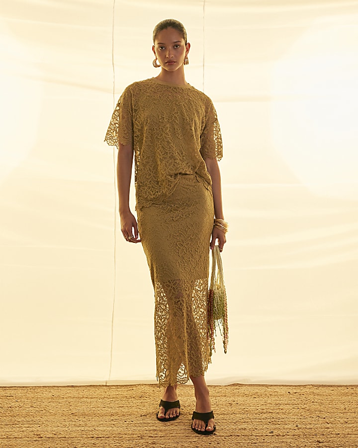 Khaki Cotton Blend Short Sleeve Lace T-shirt