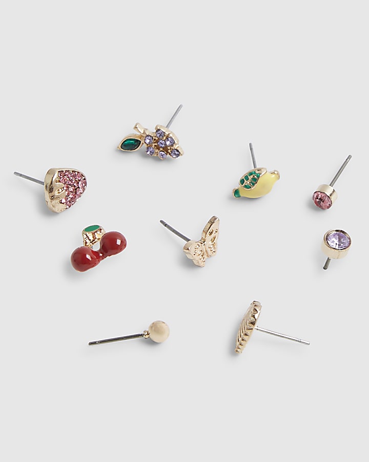 Gold fruit 9 pack stud earrings