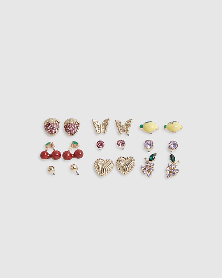 Gold fruit 9 pack stud earrings