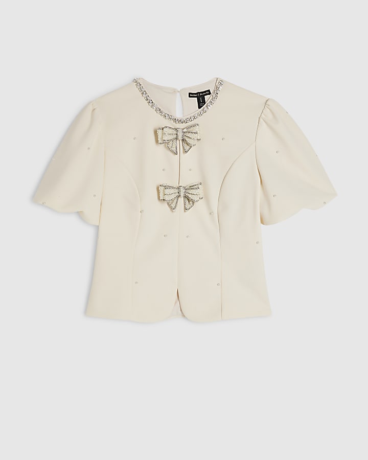 Cream Bow Embellished Pearl Top