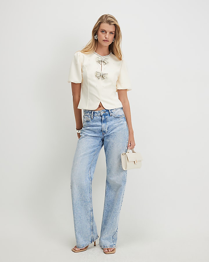 Cream Bow Embellished Pearl Top