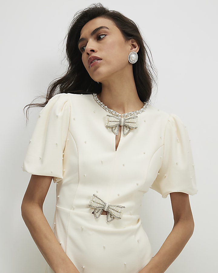 Cream Bow Trim Pearl Mini Dress