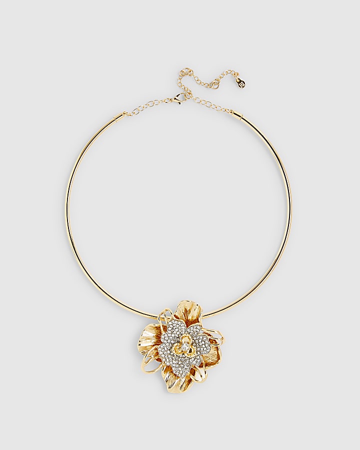 Gold Embellished Flower Torque Necklace