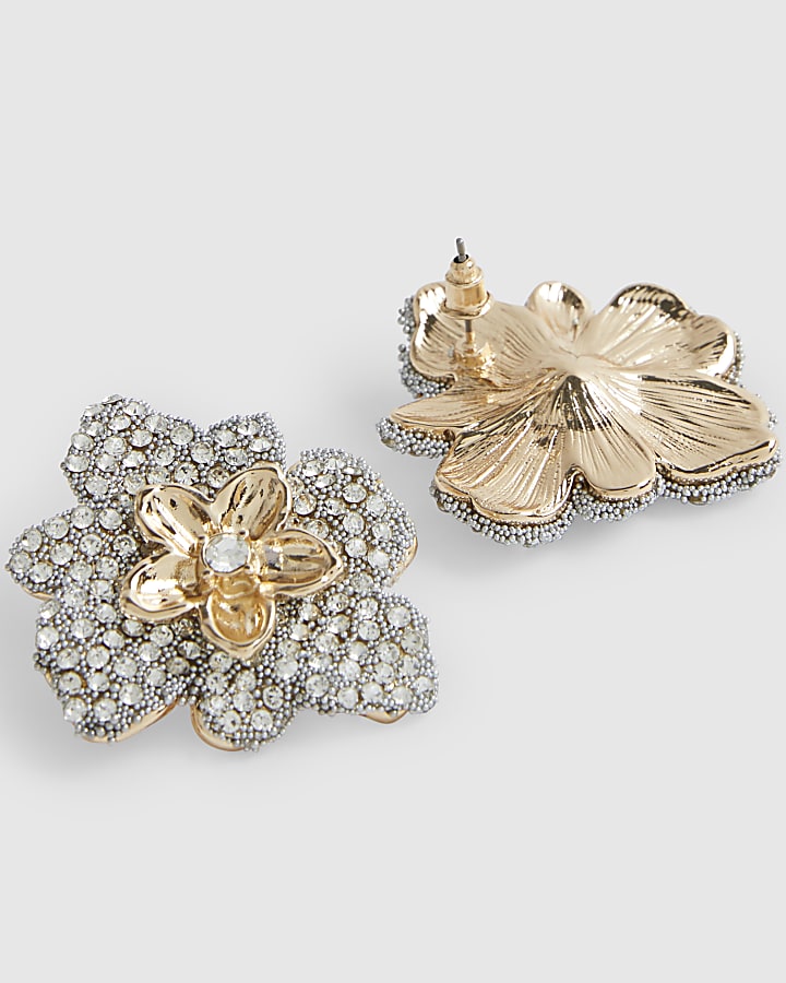 Gold Diamond Simulant Flower Studs