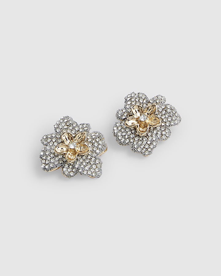 Gold Diamond Simulant Flower Studs