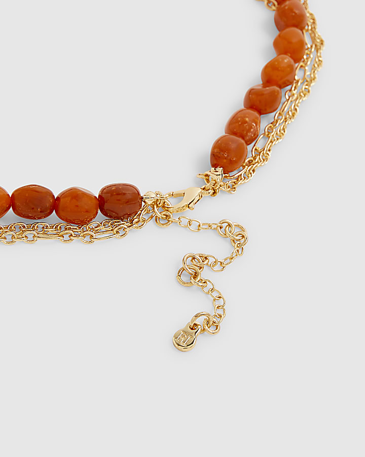 Orange Beaded Coin Multirow Necklace