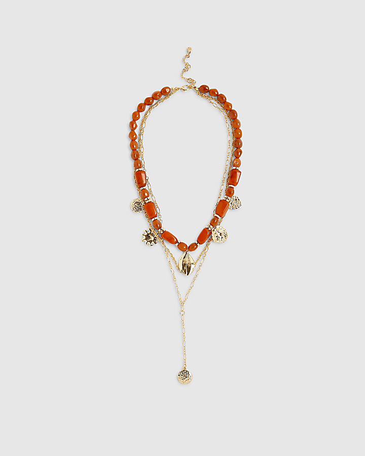Orange Beaded Coin Multirow Necklace