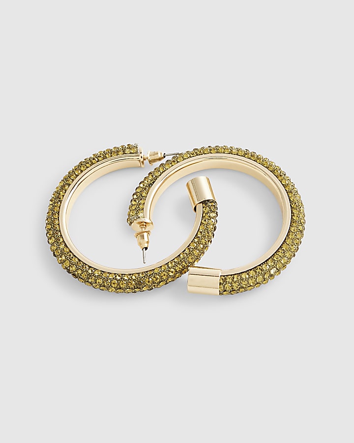 Green Diamante Hoop Earrings