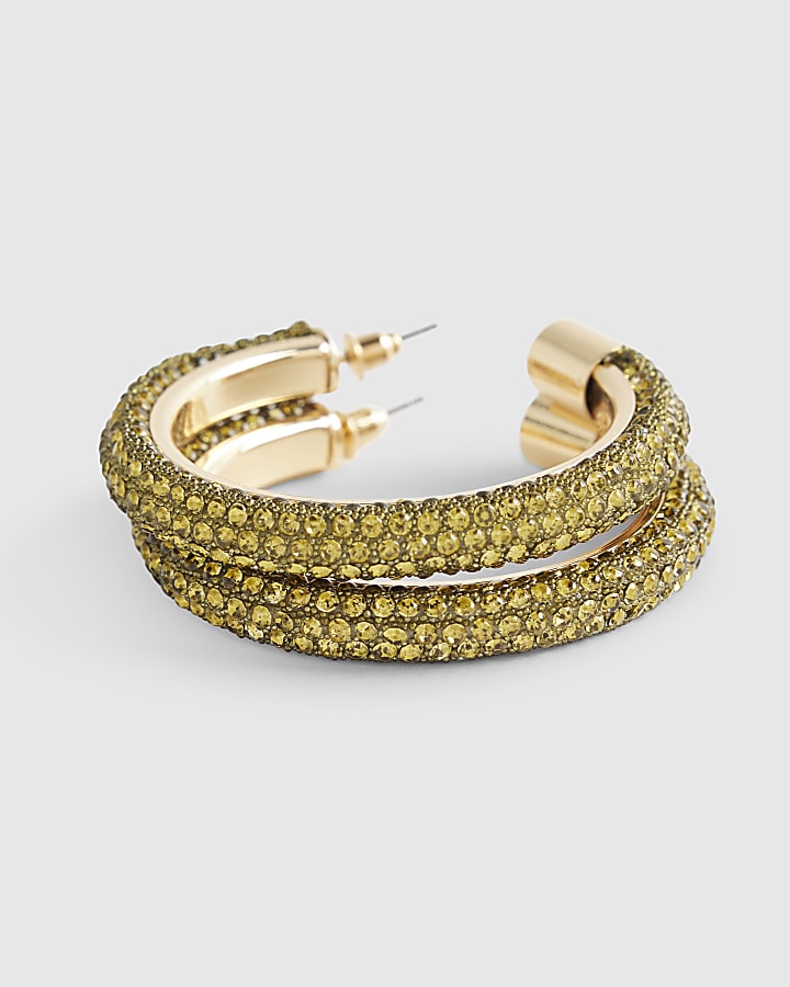 Green Diamante Hoop Earrings