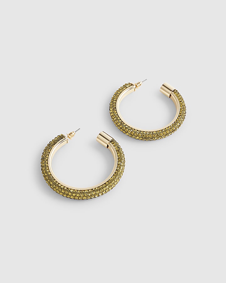 Green Diamante Hoop Earrings