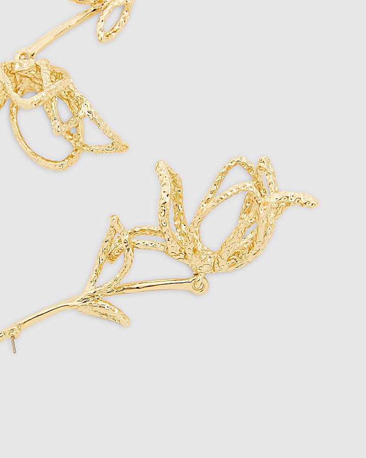 Gold Long Stem Rose Earrings
