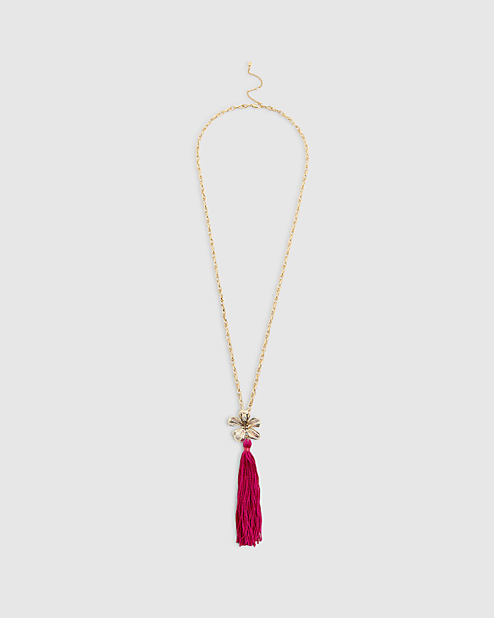 Pink Tassel Flower Pendant Necklace