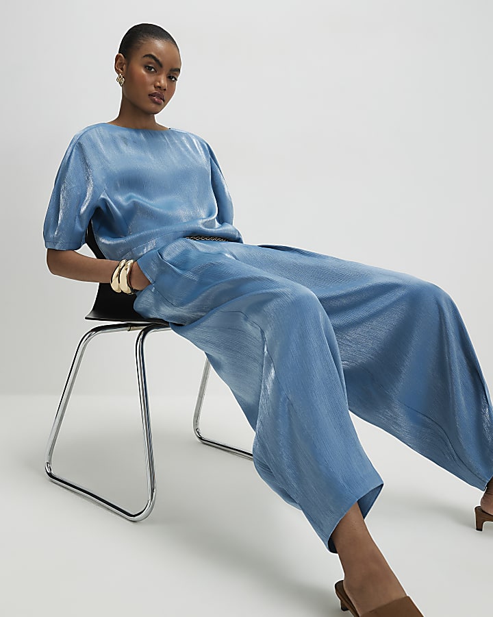 Blue Shimmer Balloon Leg Trousers