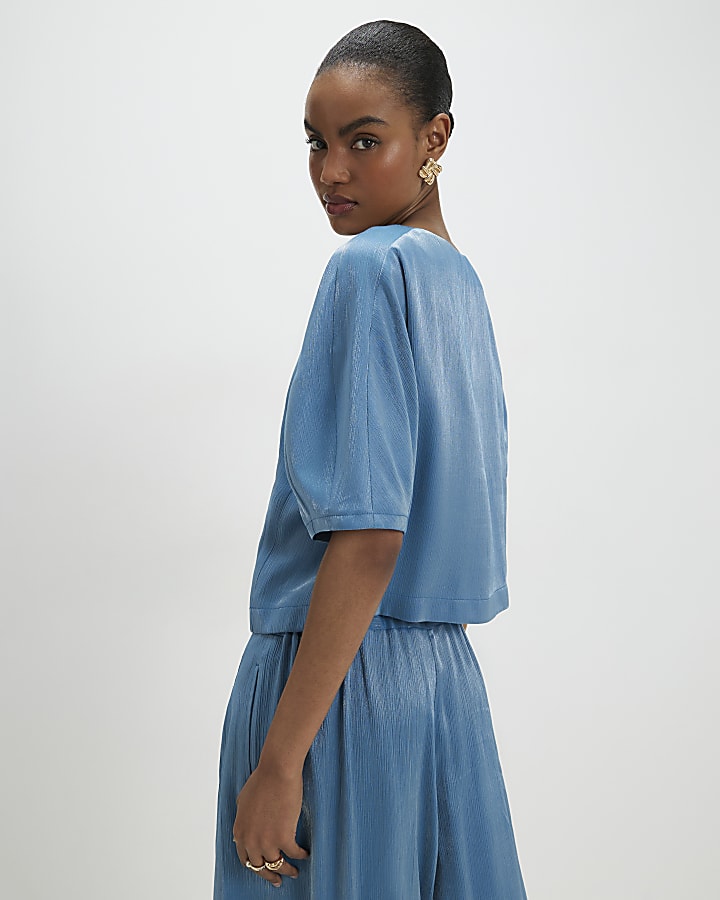Blue Short Sleeve Shimmer Tailored Top