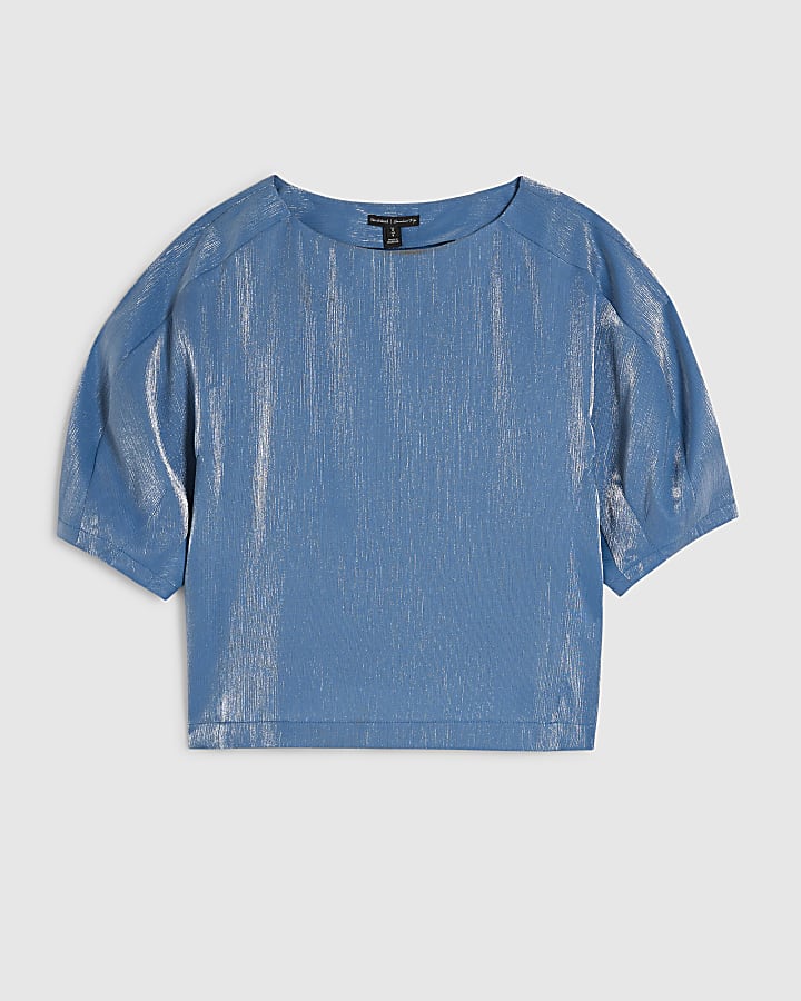 Blue Short Sleeve Shimmer Tailored Top