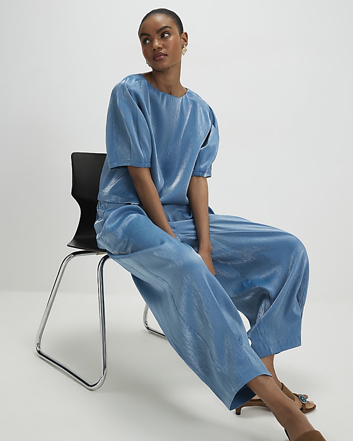 Blue Short Sleeve Shimmer Tailored Top