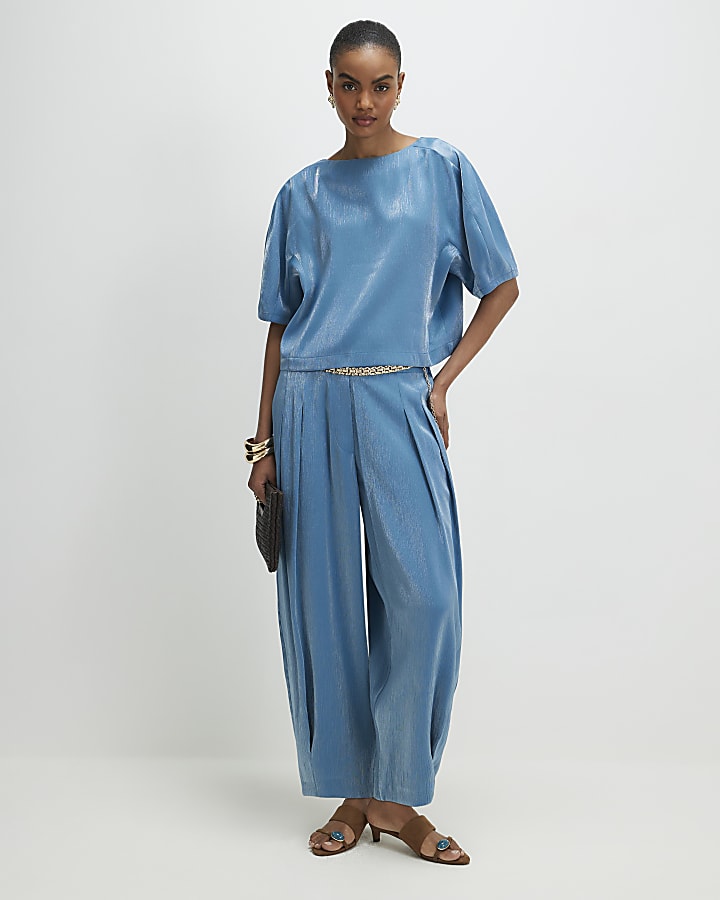 Blue Short Sleeve Shimmer Tailored Top