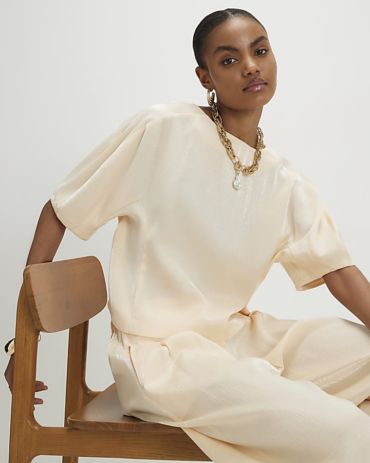 Cream Short Sleeve Shimmer Tailored Top