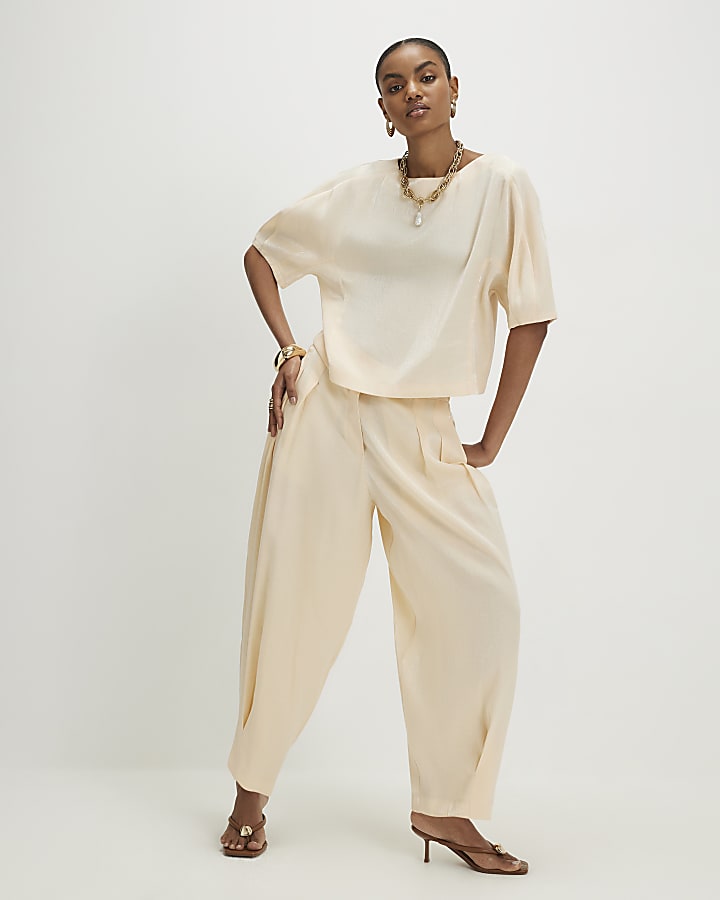 Cream Short Sleeve Shimmer Tailored Top