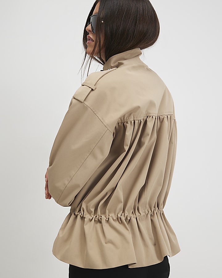 Beige Funnel Neck Tie Waist Bomber Jacket
