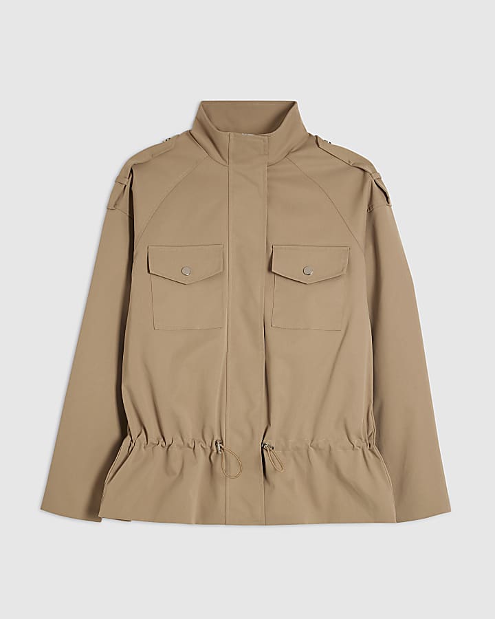 Beige Funnel Neck Tie Waist Bomber Jacket