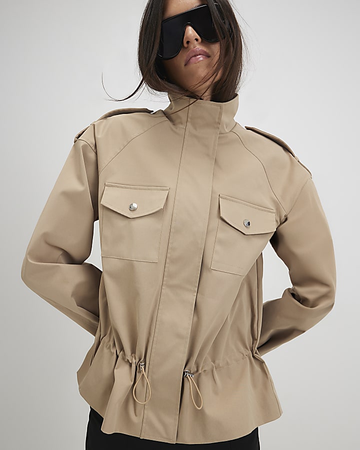 Beige Funnel Neck Tie Waist Bomber Jacket