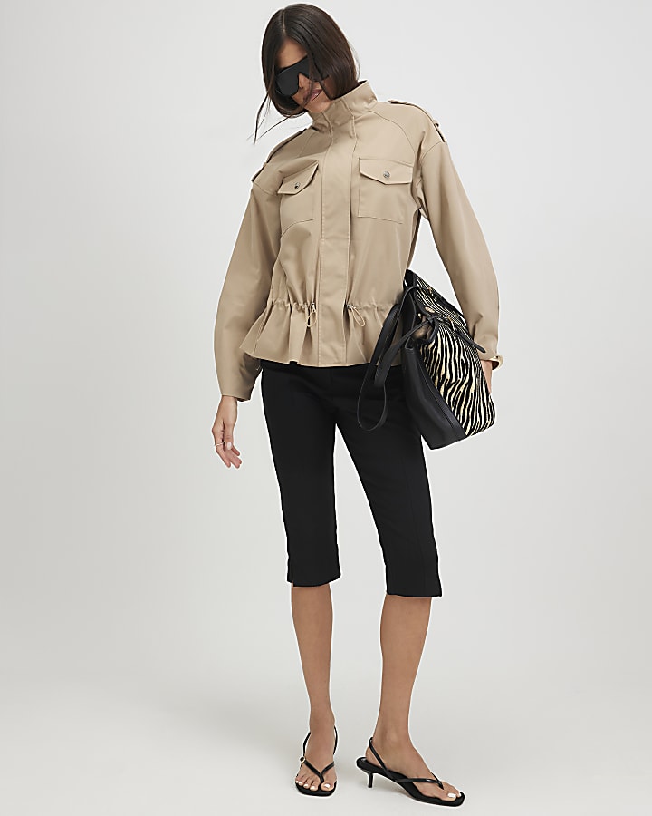 Beige Funnel Neck Tie Waist Bomber Jacket