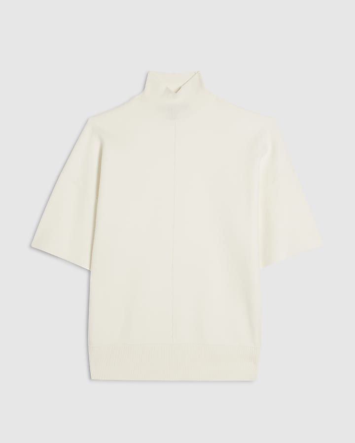 White Oversized Knitted High Neck Top