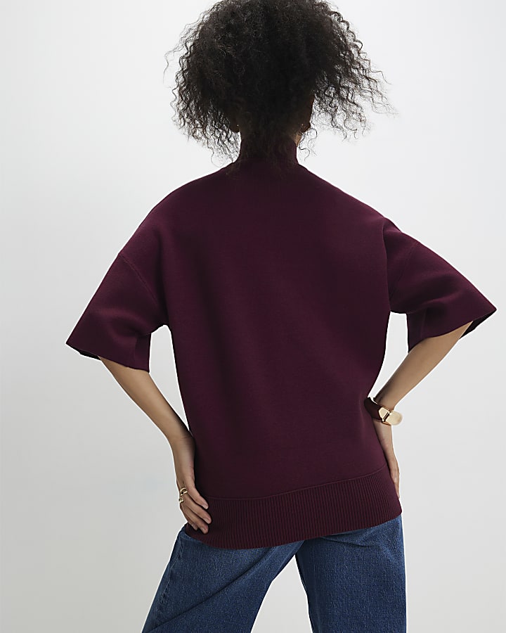 Red Oversized Knitted High Neck Top