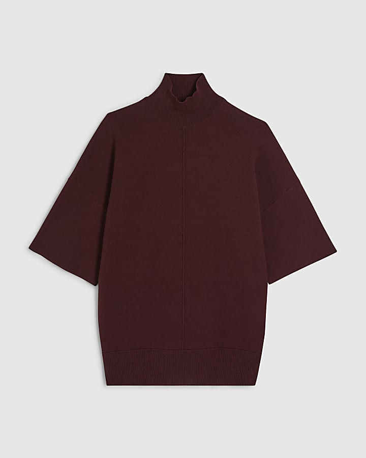 Red Oversized Knitted High Neck Top