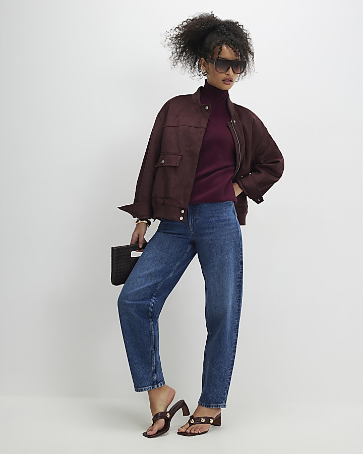 Red Oversized Knitted High Neck Top