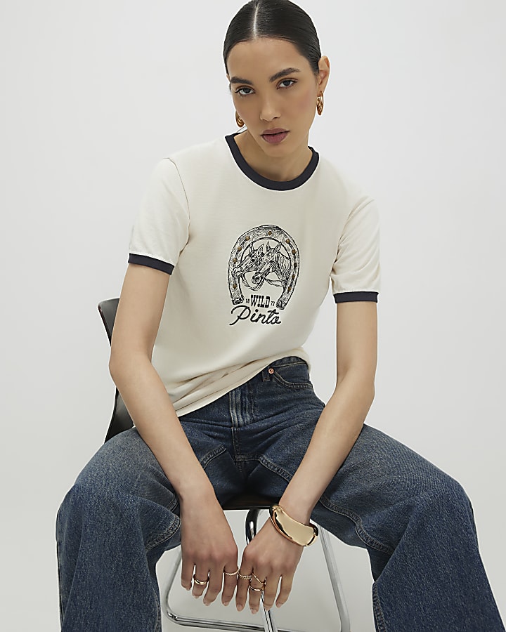 White Short Sleeve Tipped Horseshoe T-shirt