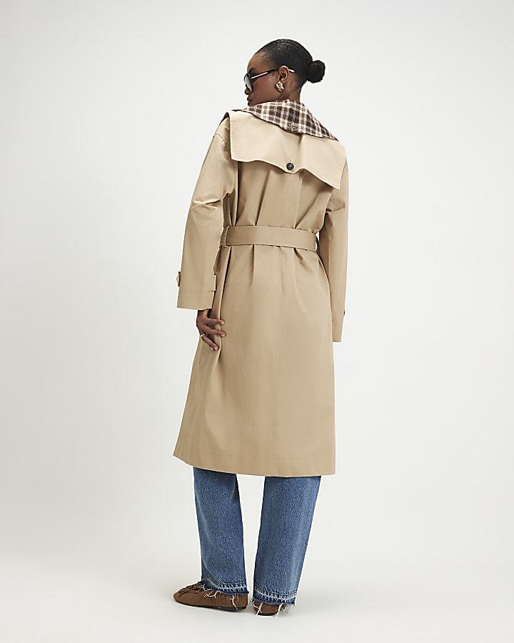 Beige Check Collar Trench Coat