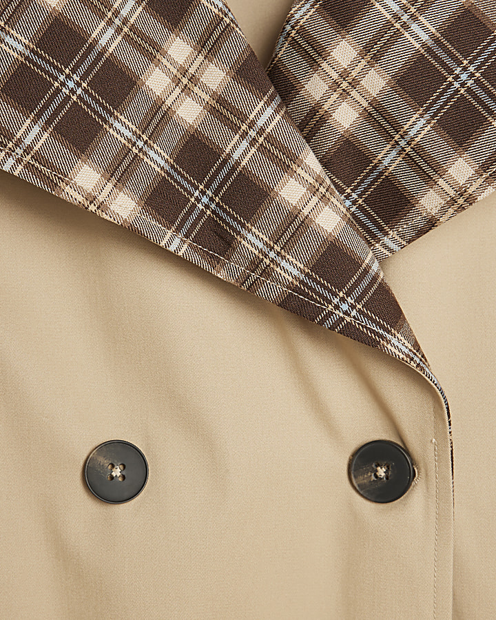 Beige Check Collar Trench Coat