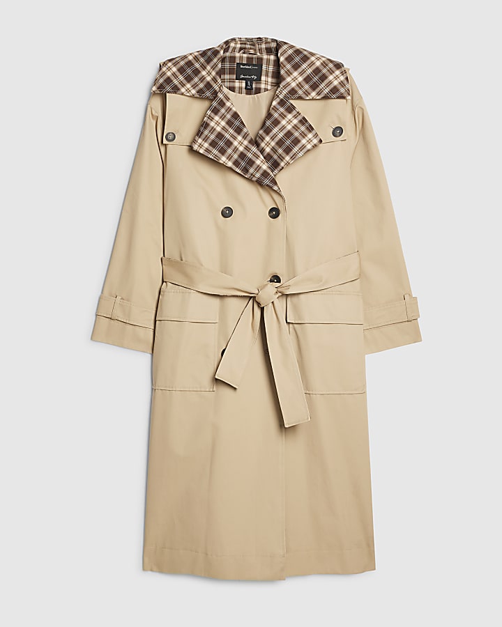 Beige Check Collar Trench Coat
