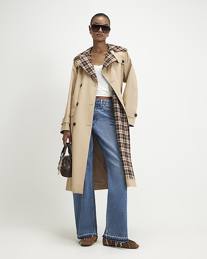 Beige Check Collar Trench Coat