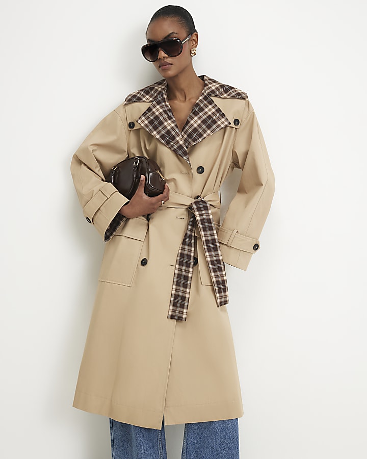 Beige Check Collar Trench Coat