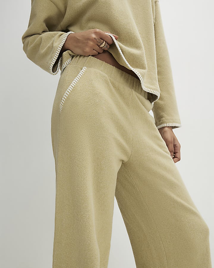 Green Whipstitch Cosy Wide Leg Trousers