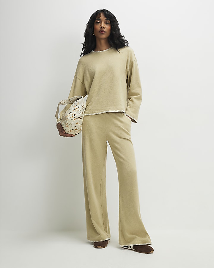 Green Whipstitch Cosy Wide Leg Trousers