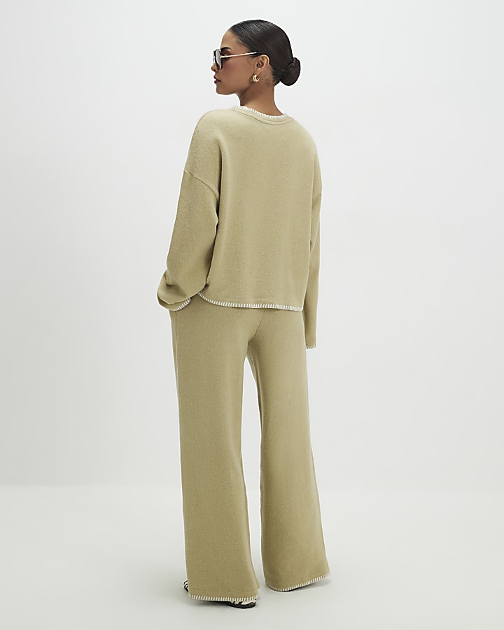 Petite Green Whipstitch Cosy Wide Leg Trouser