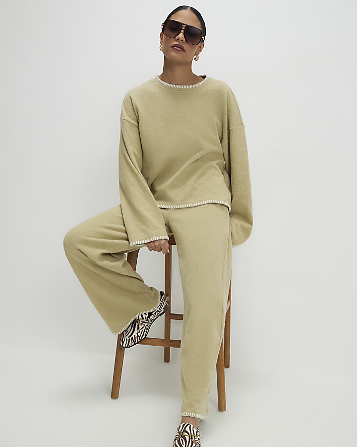 Petite Green Whipstitch Cosy Wide Leg Trouser