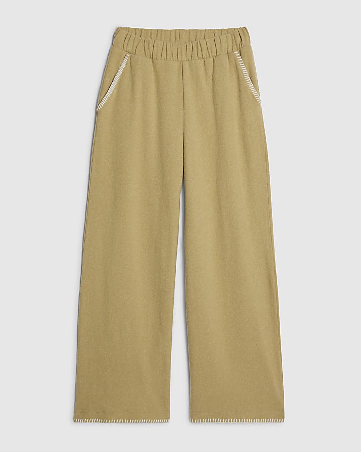 Petite Green Whipstitch Cosy Wide Leg Trouser