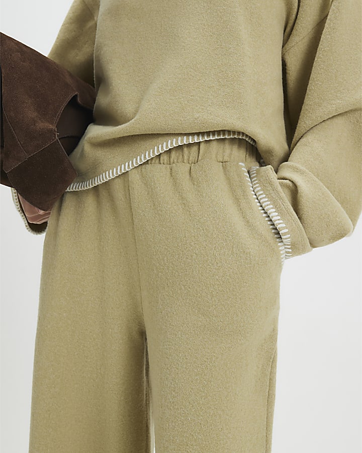 Petite Green Whipstitch Cosy Wide Leg Trouser