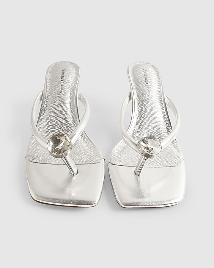 Silver Gem Toe Thong low heel Sandals