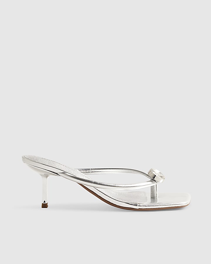 Silver Gem Toe Thong low heel Sandals