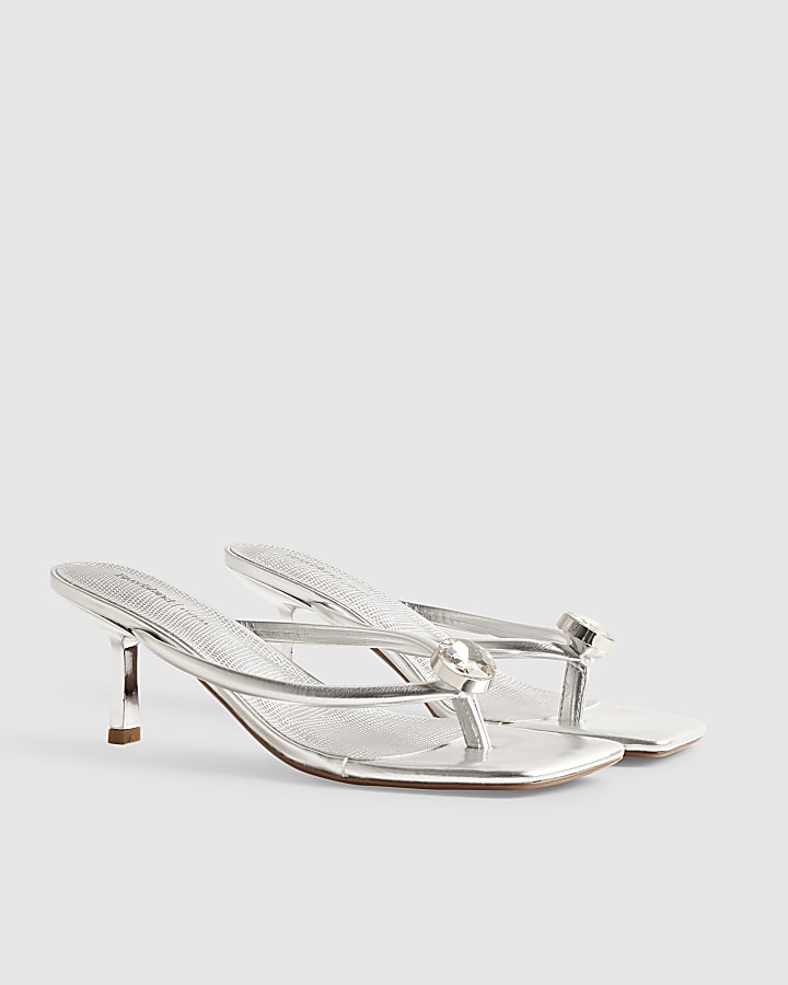 Silver Gem Toe Thong low heel Sandals