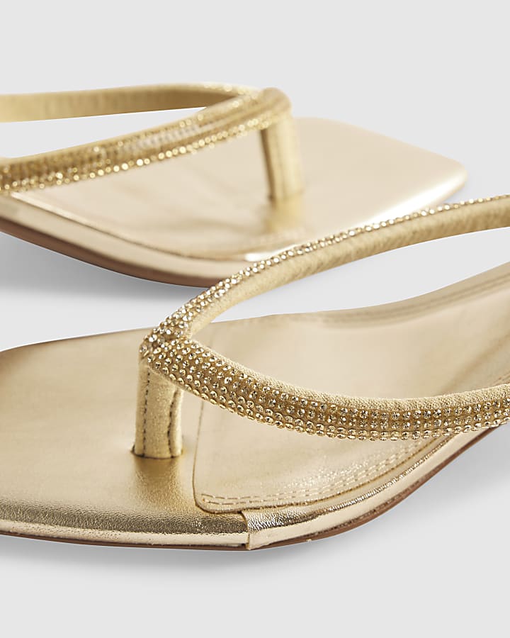 Gold Toe Thong Diamante Heeled Sandals