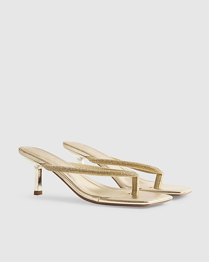 Gold Toe Thong Diamante Heeled Sandals