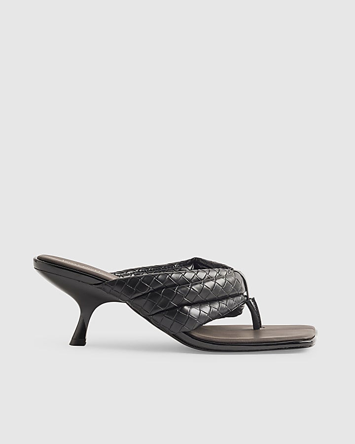 Black Toe Thong Woven Kitten Heel Sandals
