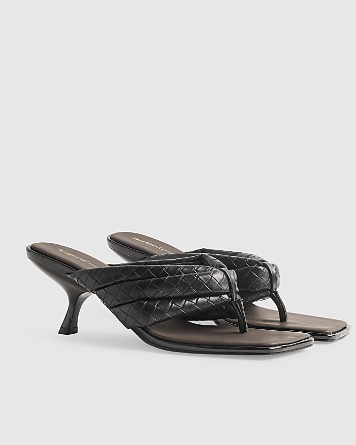 Black Toe Thong Woven Kitten Heel Sandals